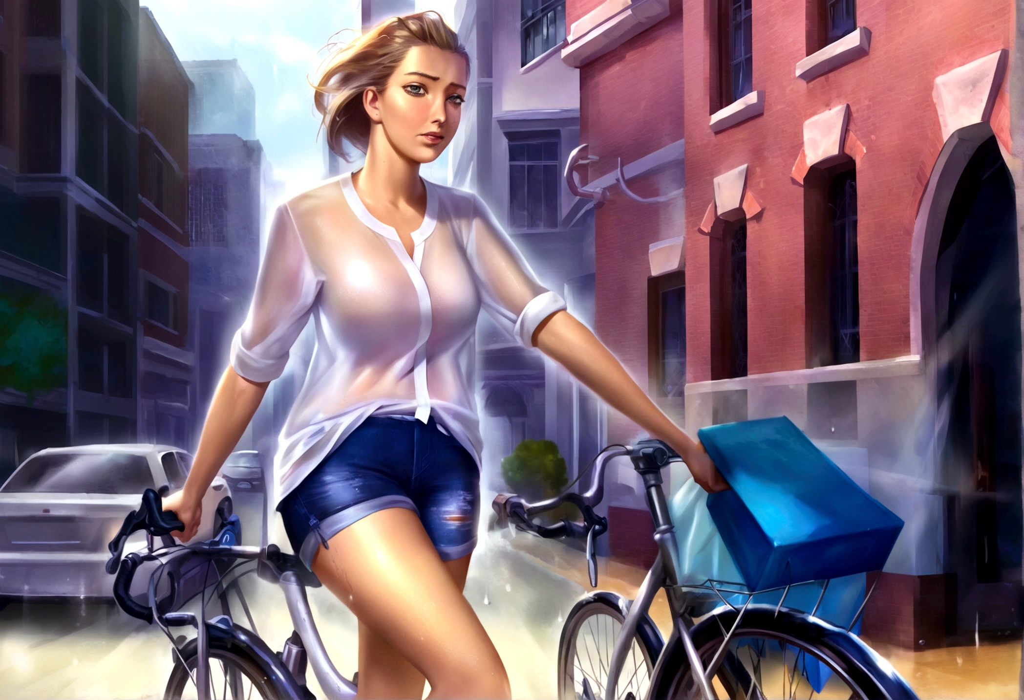 A cute woman(bike shorts, white sweat soaked sheer shirt, sweaty) is riding a bicycle through downtown. people sop and stare. cars pull over