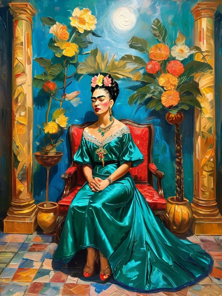 Imagine Frida Kahlo reimagined in the lavish Baroque style. She sits regally on an ornate throne in a luxurious hall adorned with rich tapestries and intricately carved furniture. Dressed in an opulent emerald satin gown with delicate lace and sparkling jewels, her hair is interwoven with vibrant flowers. A majestic eagle perches on her left arm, its piercing gaze mirroring Frida's intense stare. Nearby, a striking blue macaw adds a splash of color, while a peacock elegantly roams the floor at her feet. Surrounding her are symbolic objects: a golden mirror, sugar skulls, and a vibrant still life of tropical fruits. The dramatic background of swirling clouds and celestial light adds depth and movement. The masterful play of light and shadow highlights the richness of details, celebrating Frida's indomitable spirit and legacy in a visually stunning, innovative composition.