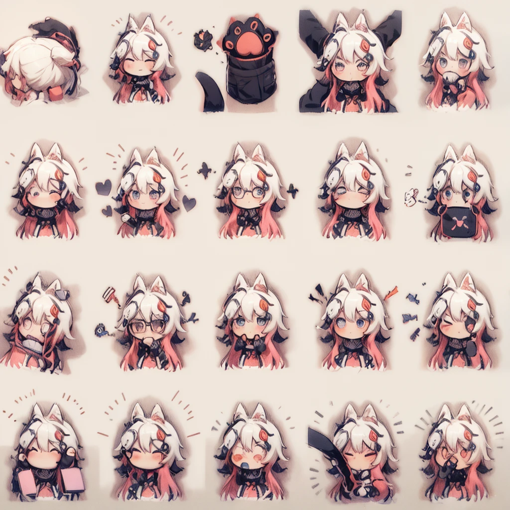 anime foxgirl with pink hair and white dress holding a cat, cute anime foxgirl, anime girl with fox ears, chibi, upper body, big head, laugh, and character traits, 9 emojis, 9 emotions, Grieves, astonishment, having fun, sound sleep, big laughter, irate, doubt, Sell moe, angry
