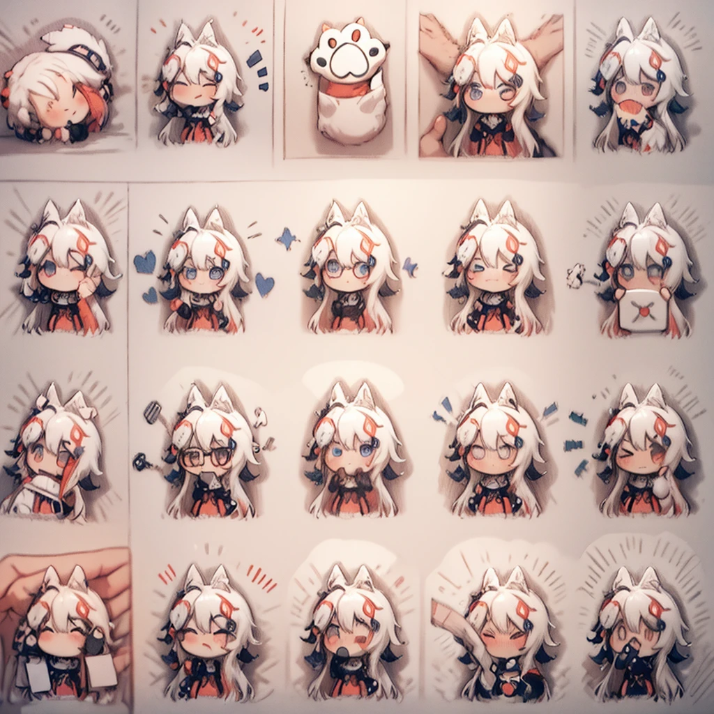 anime foxgirl with pink hair and white dress holding a cat, cute anime foxgirl, anime girl with fox ears, chibi, upper body, big head, laugh, and character traits, 9 emojis, 9 emotions, Grieves, astonishment, having fun, sound sleep, big laughter, irate, doubt, Sell moe, angry