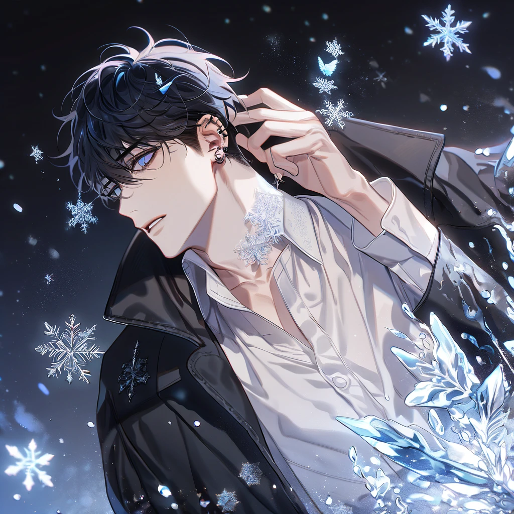 absurdres, highres, ultra detailed, HDR, master piece, best quality, delicated features, Kang Woojin, black hair, messy hair, expressive dark blue eyes, ear piercings, Love Jinx, solo, sexy man, handsome, black coat, white shirt, snowflakes, ice butterflies, starry sky, moonlight, magical, fantasy