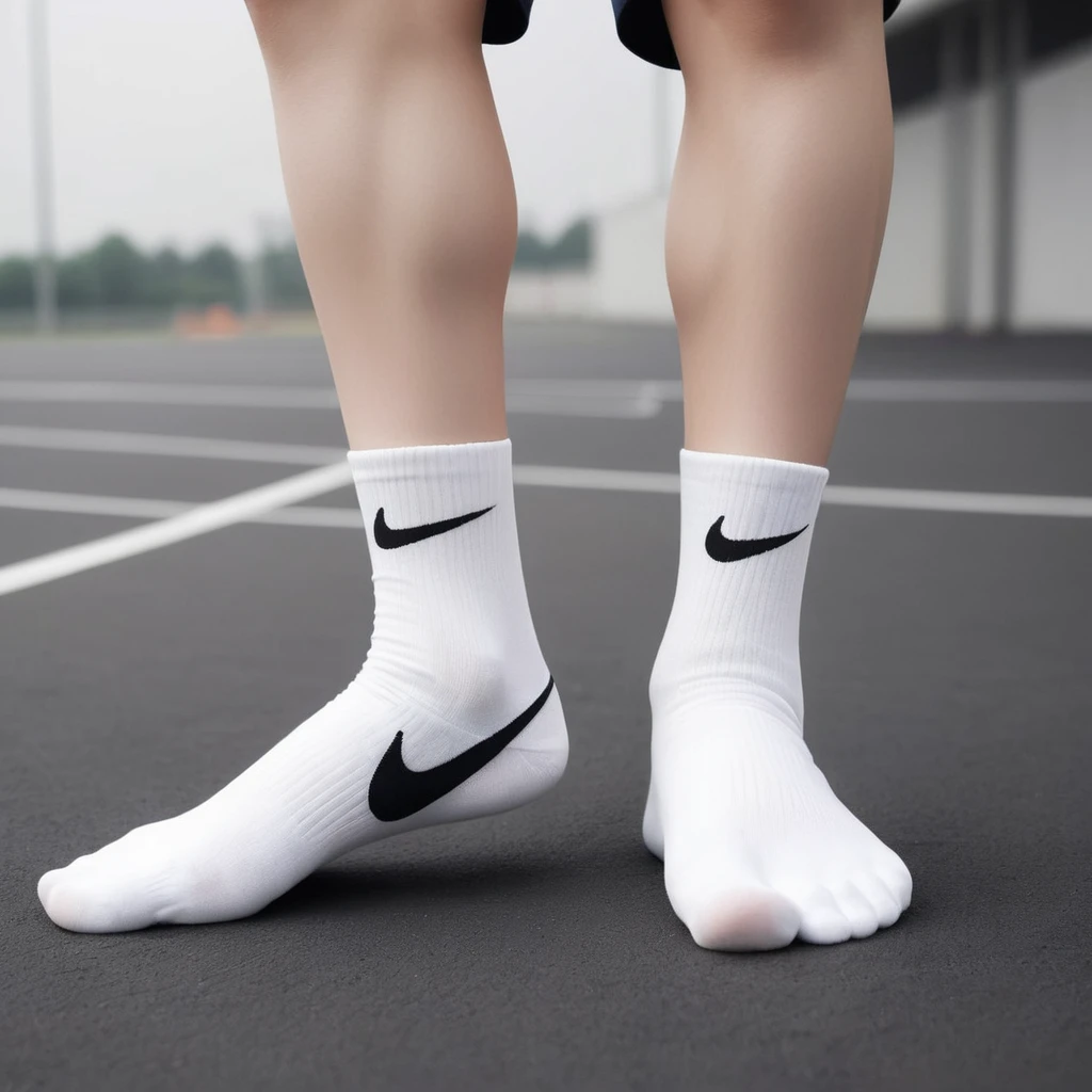 There is always one Nike logo visible on the socks。、Two perfect pairs of feet、Beautiful hands and feet、Changing clothes in the locker room、Ultra-realistic skin texture、Shiny skin。White socks with the Nike logo are beautiful。The socks are dirty。Trying to make me smell his socks、