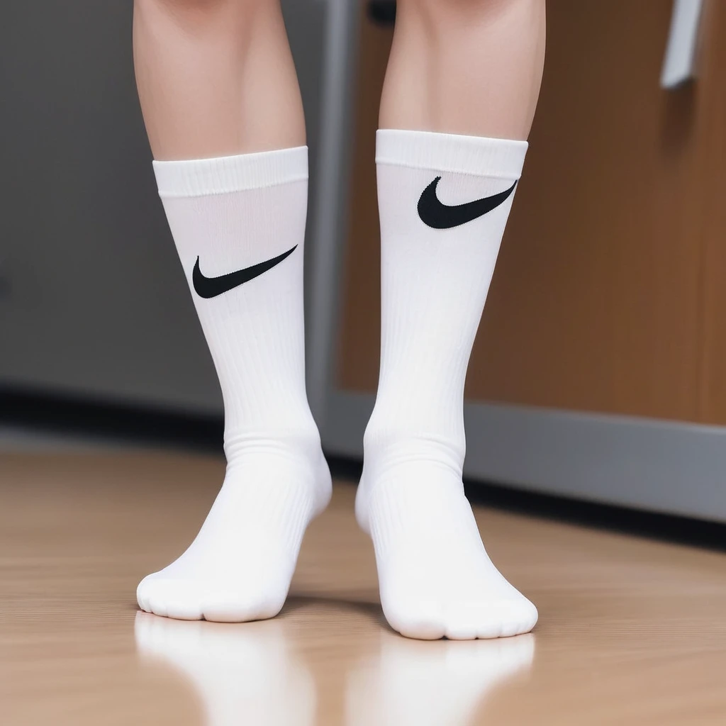 There is always one Nike logo visible on the socks。、Two perfect pairs of feet、Beautiful hands and feet、Changing clothes in the locker room、Ultra-realistic skin texture、Shiny skin。White socks with the Nike logo are beautiful。The socks are dirty。Trying to make me smell his socks、