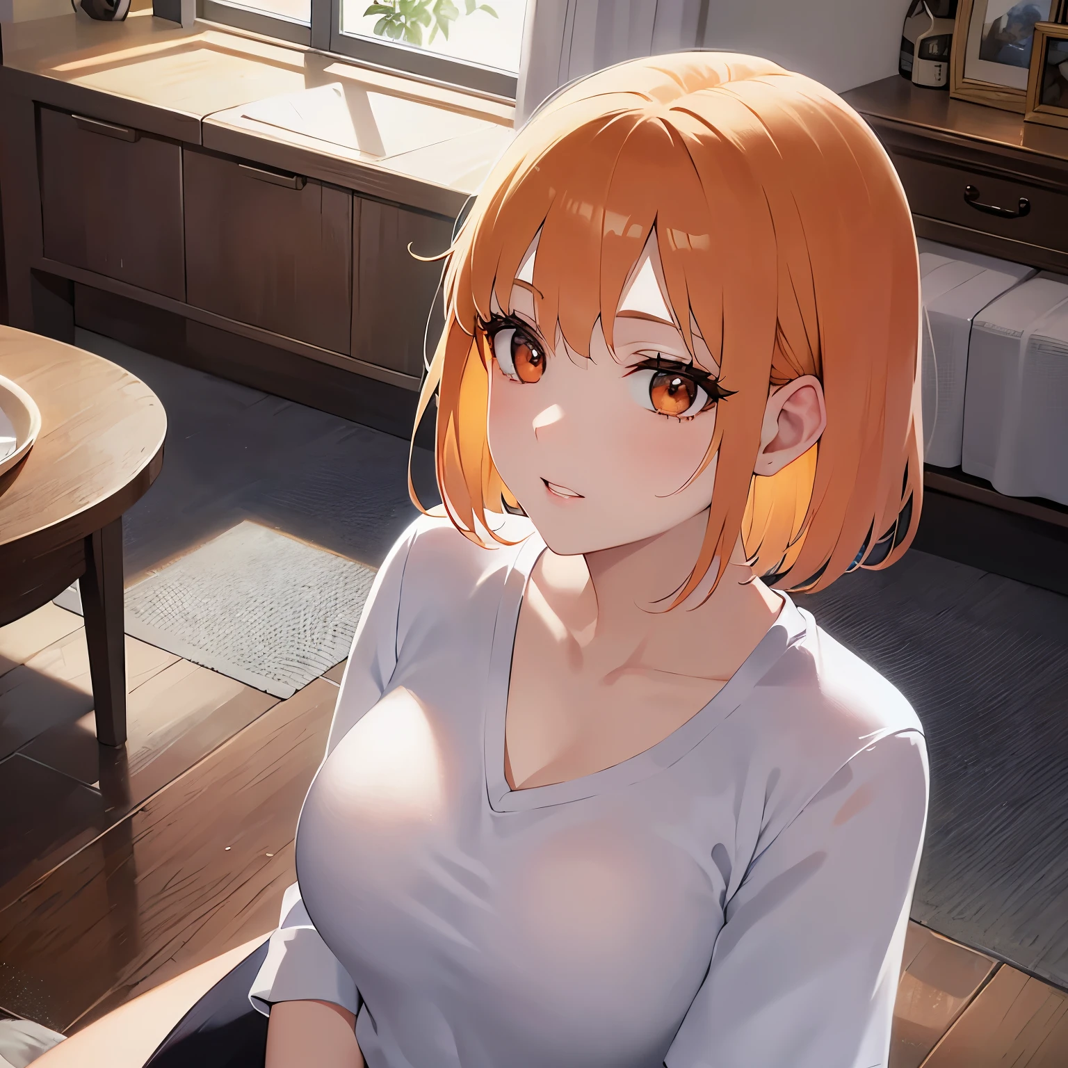Shooting from above、Upper Body, Realistic, real person, (pale skin: 1.2), RAW photo, photorealistic, shiny skin, shiny hair、(A 25-year-old woman with a bob cut and bangs) and (orange hair) and (Orange Eyes) , Wearing a white V-neck T-shirt 、 The background is the living room、Alone、worried