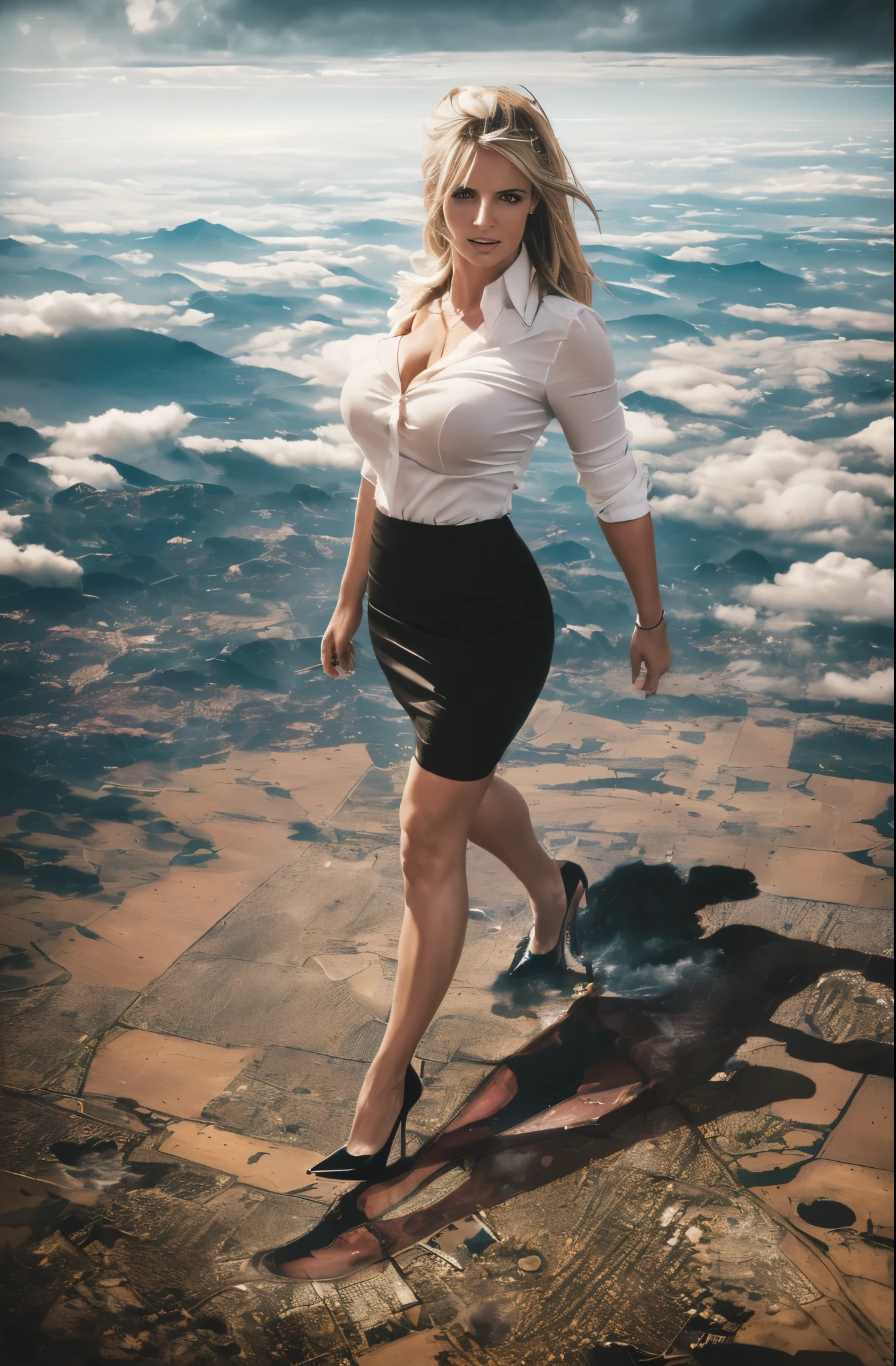 Britney Spears, (masterpiece, best quality, best shadows, best shading, perfect hands, perfect face, cinematic lighting, colorful, ultra-detailed, beautiful photography, character focus, extremely-detailed, photorealistic, hyper photorealism, atmospheric), (rural destruction:1.7), (giantess, stereotypical office worker), (dirty, filthy, unwashed, sweaty, unkempt, angry, tired, exhausted, annoyed), ((walking, mid stride:1.2, stepping down on:1.2, stomping, crush, rampage)), (black patent Louboutin pointed toe pumps, high heels, stiletto heels), ((revealing crisp white blouse, short black pencil skirt)), (high altitude photography, satellite view), (curvy, exposed cleavage, heaving bosom, legs), (urban sprawl, farmland and small towns, destruction, buildings, roads), (((cloudy, overcast, clouds and atmosphere partly obscuring the subject:1.2, hazy atmosphere, haze in foreground, wispy clouds)))
