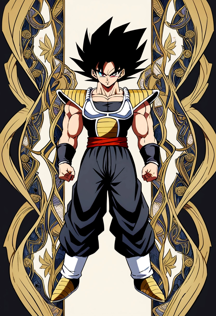 Saiyan, Male, Black hair, heterochromatic eyes, Red and Black, saiyan armor, full body image