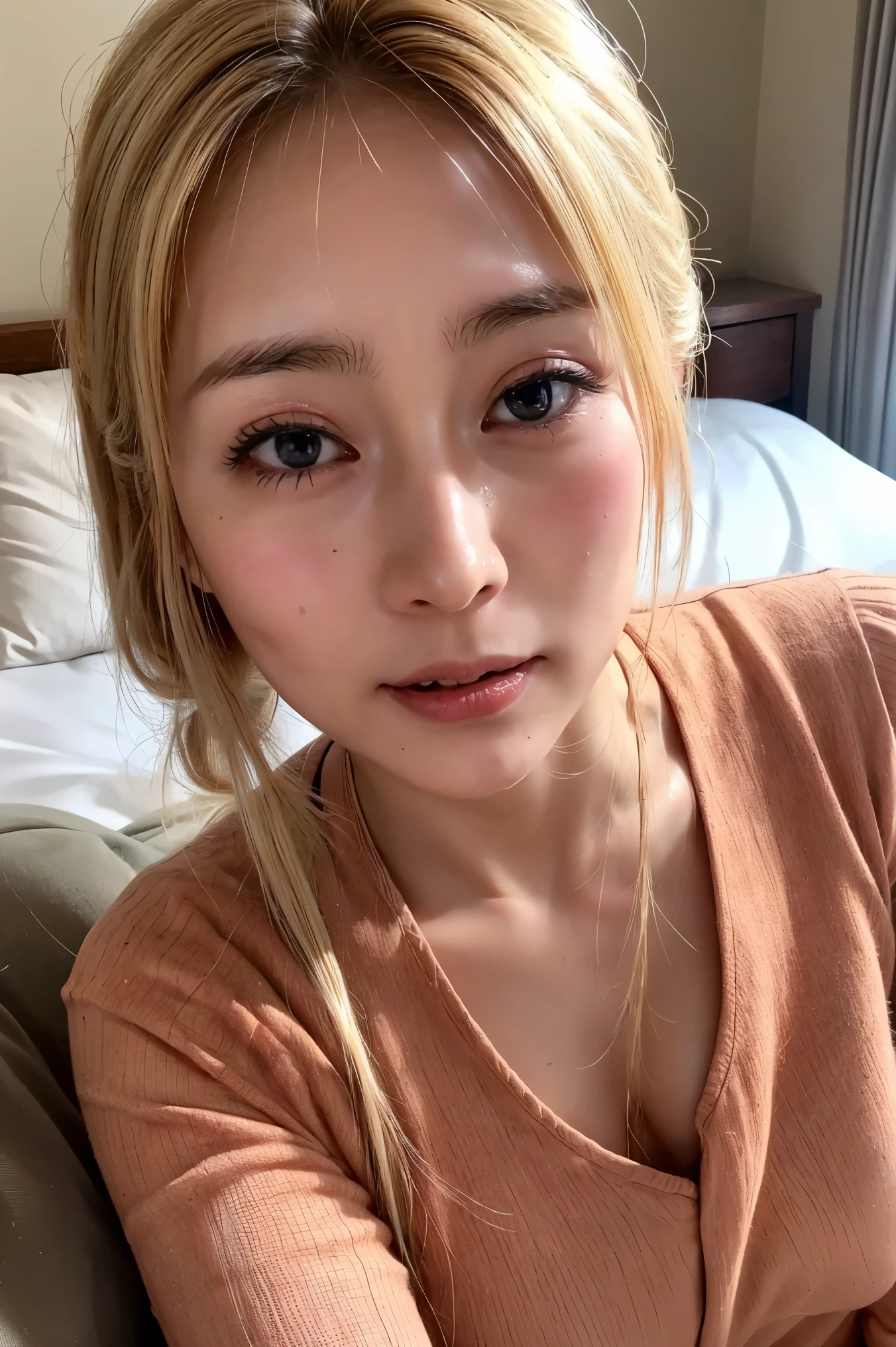 (Realistic:1.3、Ultra HD、Ultra-high resolution、8K、Female Japanese Housewife、寝室でBlowjobチオをするMature Woman:1.5、At the bed)、((Look Viewer:1.8))、(Extremely realistic skin texture:1.4)、(Realistic:1.3)、short hair、((Embarrassed expression:1.5))、(blonde:1.5)、48-year-old woman、Mature Woman、Ponytail Hairstyles、(Brown eyes:1.3)、(Face close-up:1.38)、(Sweaty:1.2)、(Nipplesを見せる)、((衣服から突き出たNipples,))、dress、美しいNipples、Nipples、(Shooting from the side:1.1)、Drooling、((Blowjobチオ:1.6、Blowjob、Cum in mouth、Bukkake))