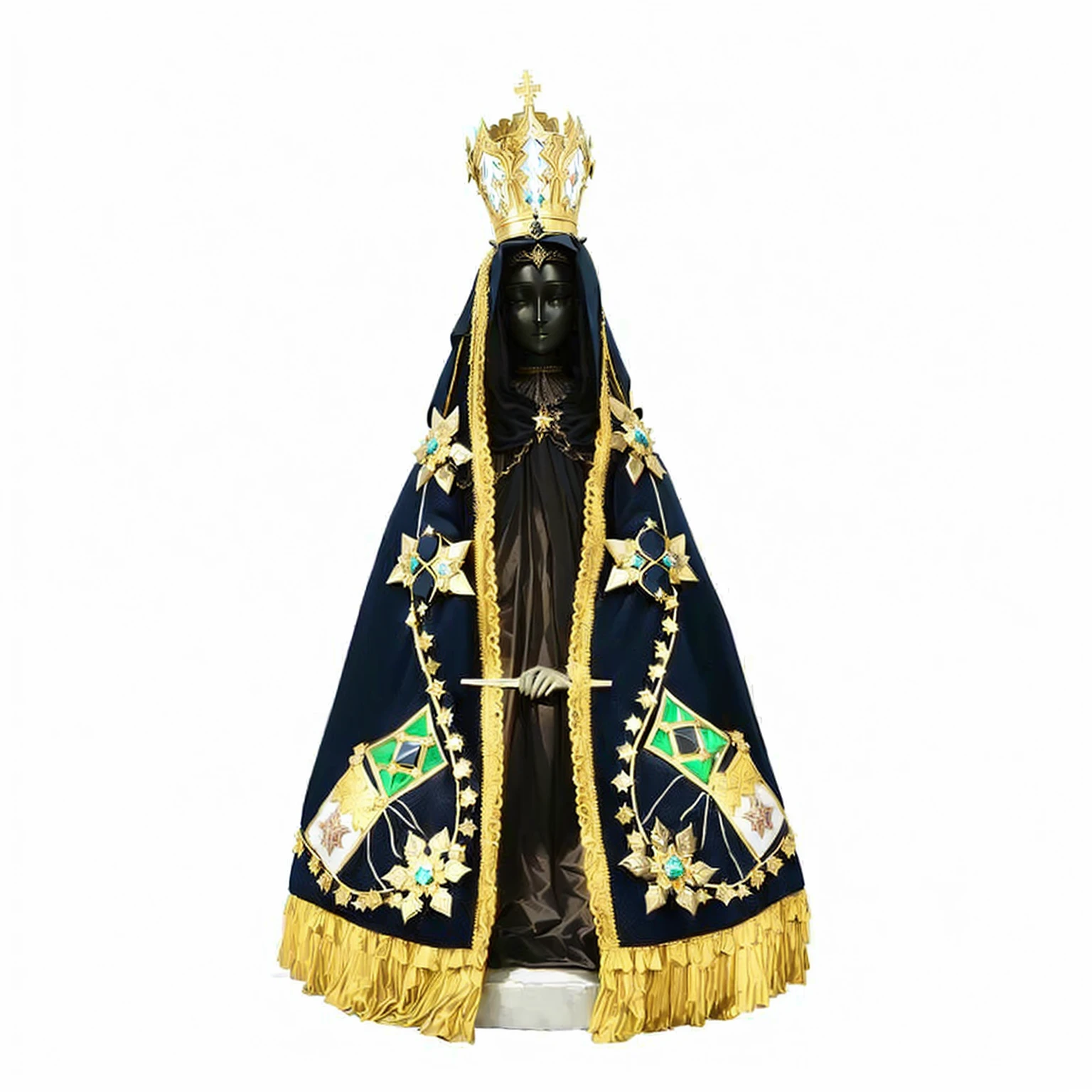 a close up of a statue of a woman wearing a crown, inspired by Francisco de Burgos Mantilla, majestic saint woman, lady of elche, wearing a crown and green cape, gold brocaded dark blue clothes, queen of heaven, hosada, royal cape, in dark robes with gold accents, by Manuel Ortiz de Zarate, baroque hibiscus queen