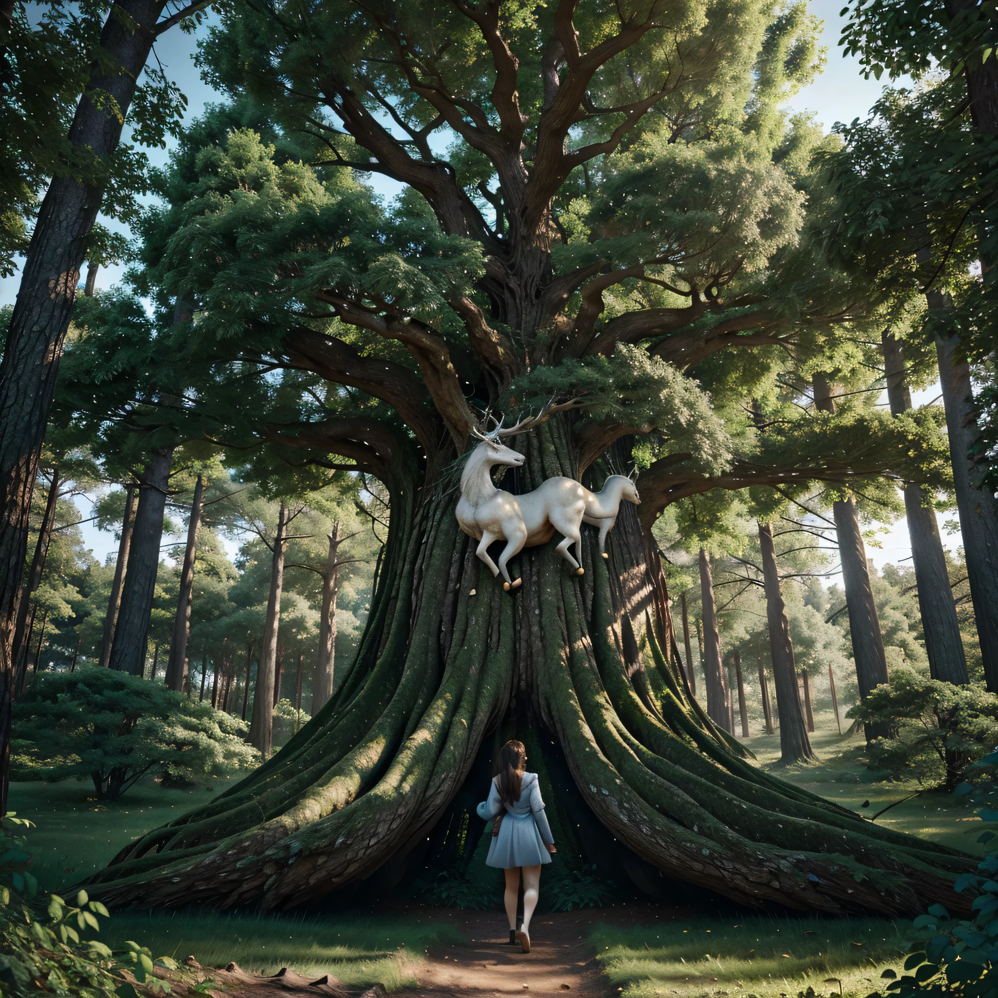 giant tree mystical forest with magical creatures hiding among the branches, 8k, high quality