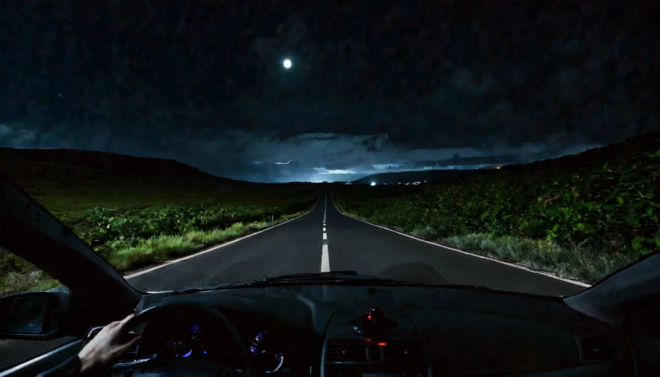 first person view, lonely car on the road, dark night, ominous