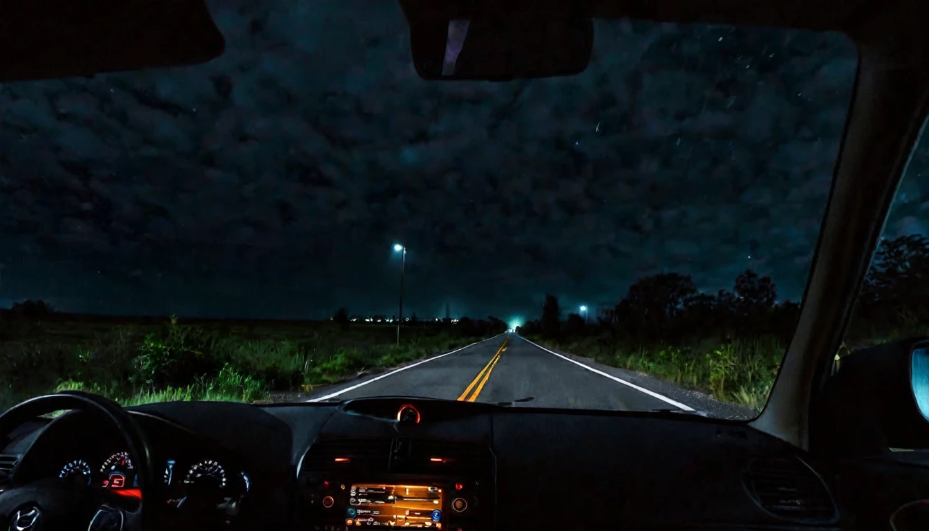 first person view, lonely car on the road, dark night, ominous