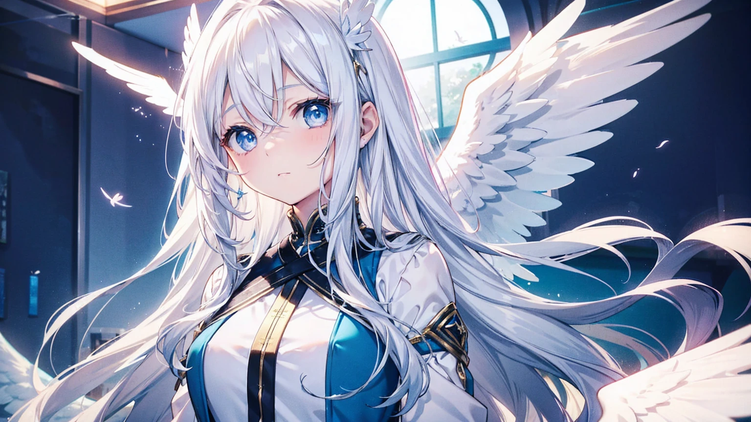 A beautiful and pretty girl with long white hair and blue eyes、15 years old、Angel wings on the back、That surprised face, something's not right?I was confused.、comical、White dress