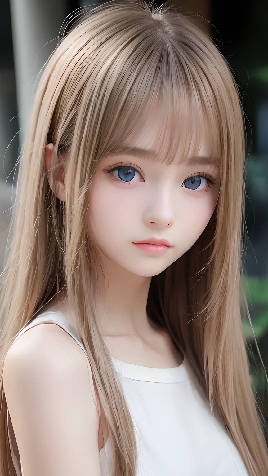 Super long straight silky blonde hair、Bangs hanging over the eyes、bangs on the face、A woman with beautiful, bright, large blue eyes is taking a photo, gorgeous young beautiful model, Portrait of Sophie Mudd, Beautiful female model, cute young beautiful girl, Portrait of a beautiful model, Beautiful Woman Photos, Perfect Face, 16 year old beautiful girl model, Beautiful young face, Blonde beautiful girl、Small Face Beauty、Round face、Tshirt、Ample Bust