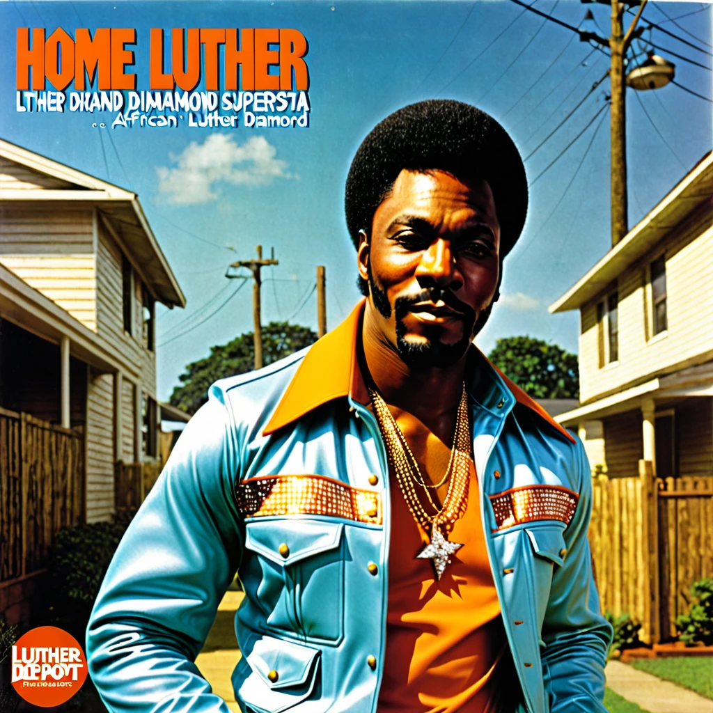 Create a 1970s vinyl album cover for an african-american male r&b superstar named "Luther Diamond". The name of the album is called "Home Depot".

