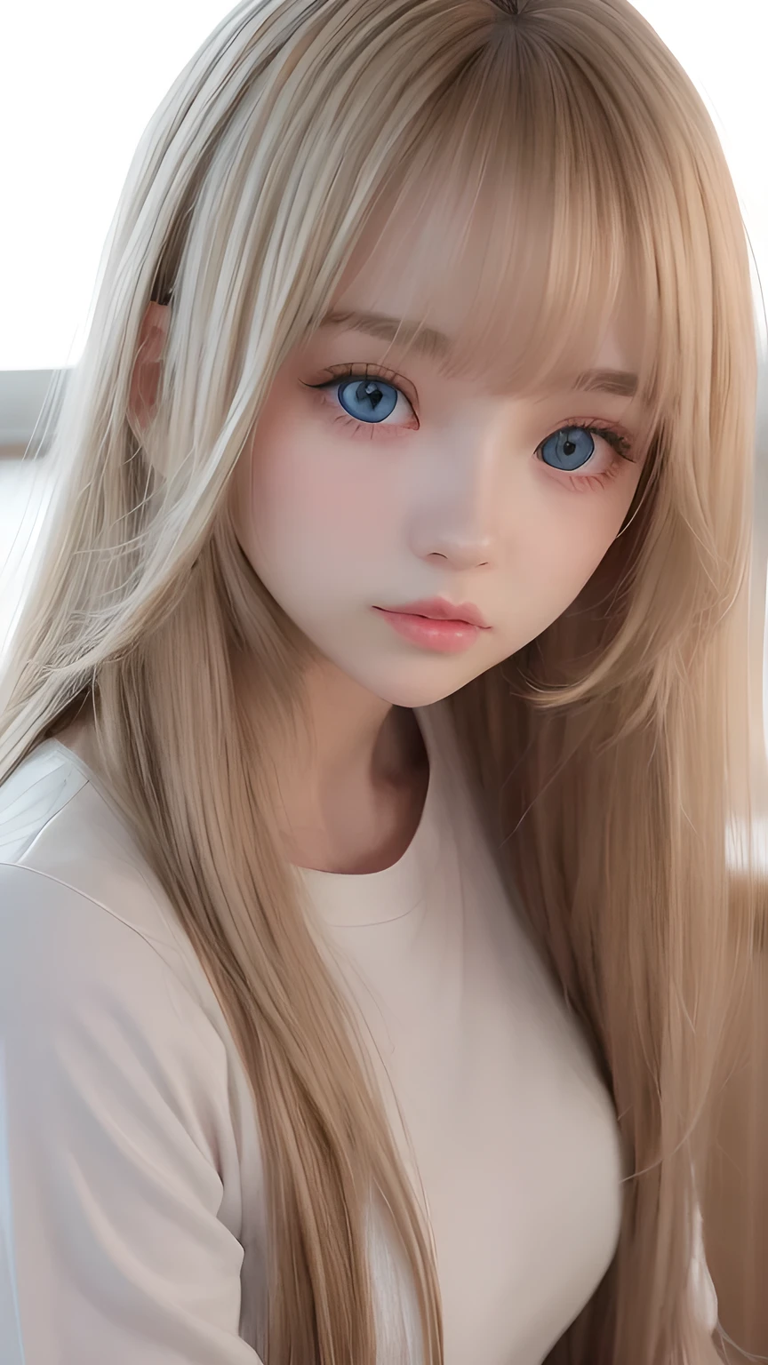 Super long straight silky blonde hair、Bangs hanging over the eyes、bangs on the face、A woman with beautiful, bright, large blue eyes is taking a photo, gorgeous young beautiful model, Portrait of Sophie Mudd, Beautiful female model, cute young beautiful girl, Portrait of a beautiful model, Beautiful Woman Photos, Perfect Face, 16 year old beautiful girl model, Beautiful young face, Blonde beautiful girl、Small Face Beauty、Round face、Tshirt、Ample Bust