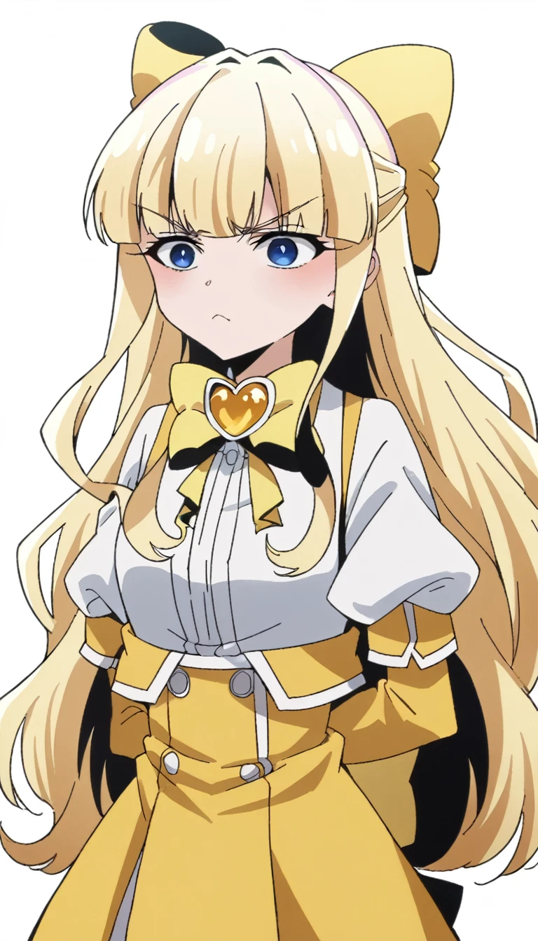 score_9, score_8_up, source_anime,kaoruko tenkawa, long hair, blue eyes, blonde hair, bow, hair bow, yellow bow,メイド服,1girl,shiny skin,ラテックス,white background