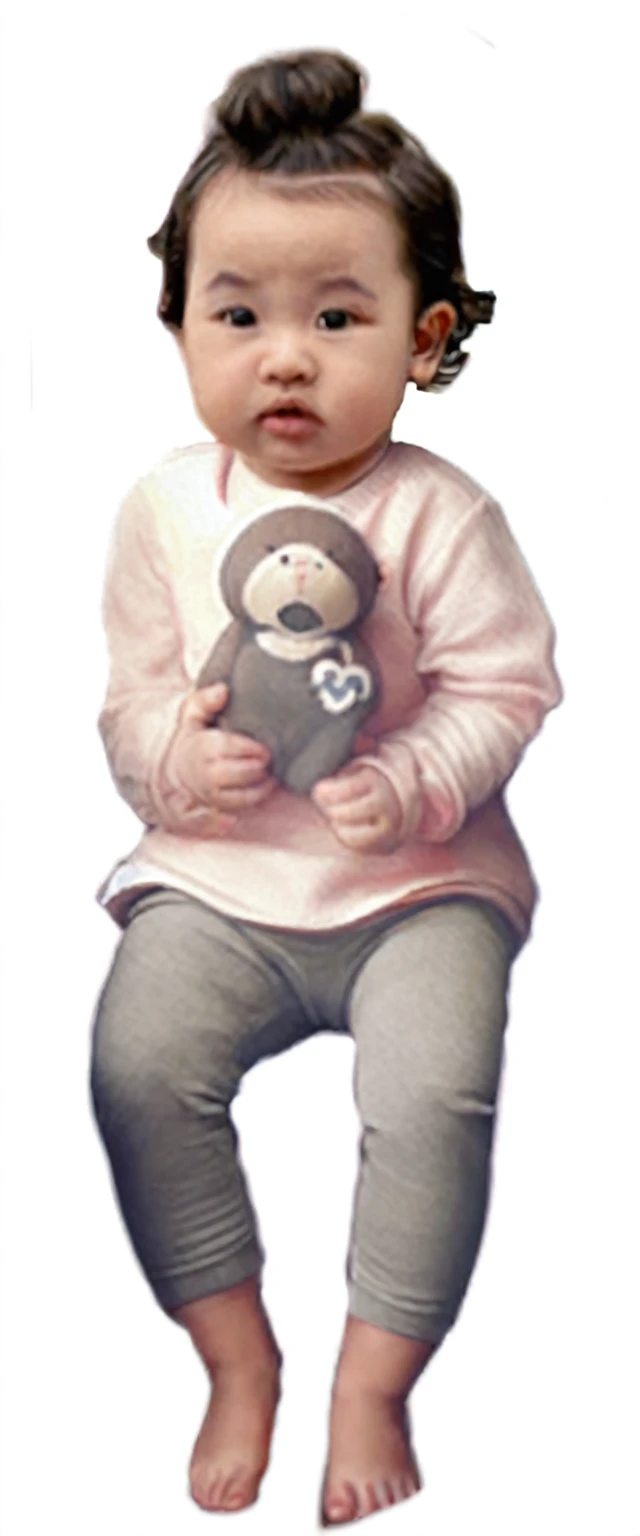 arafed baby sitting on a bench holding a stuffed animal, detailed picture, babies in her lap, cheburashka, soami, sitting down, bashful expression, very detailled, fashionable, children's, coloured, adorable, detailed image, ad image, doll in hand, soft!!, holding a teddy bear, modelling, high detailled, children