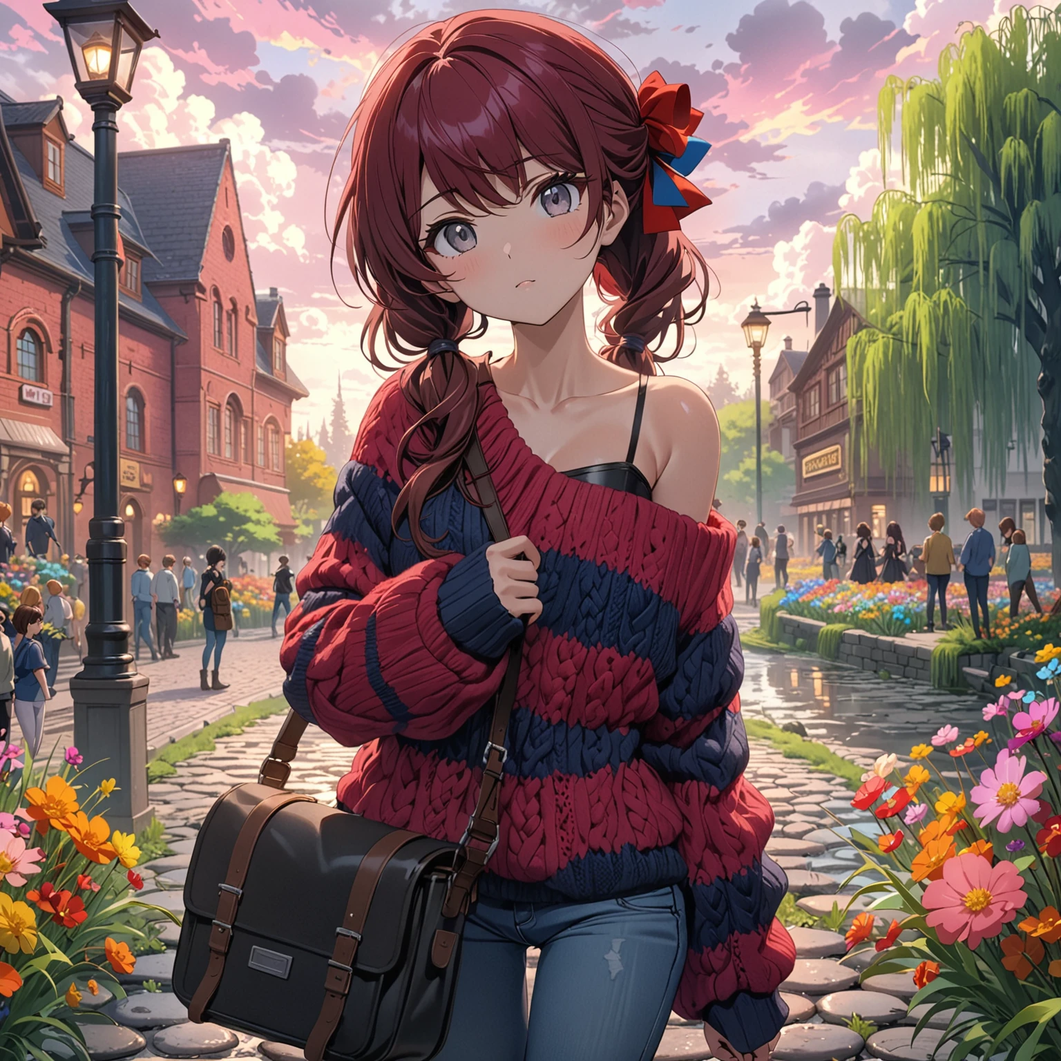 Best quality, masterpiece, anime, colorful flowers, outside hospital building, stoic, gray eyes, dark red hair in low twin tails, swept bangs, red and dark blue  knitted strapless shirt, jeans, black combat boots, satchel, pink sky, cobblestone, overcast, swamp, tall weeds, people in background, lamp posts, willow trees, colorful flowers, clouds, cartoon, 