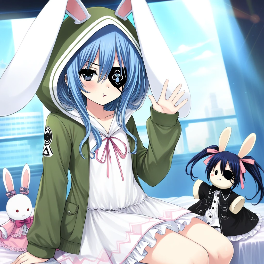 1girl, xter, absurdres, official art, absurdres, date a live, yoshino \(date a live\), yoshinon, :t, animal ears, blue eyes, blue hair, drawstring, dress, eyepatch, fake animal ears, frilled dress, frills, green jacket, hand puppet, hood, hooded jacket, jacket, looking at viewer, pink ribbon, pocket, pom pom \(clothes\), pout, puppet, rabbit ears, ribbon, sitting, solo, white dress, ((very aesthetic, best quality, ultra detailed))