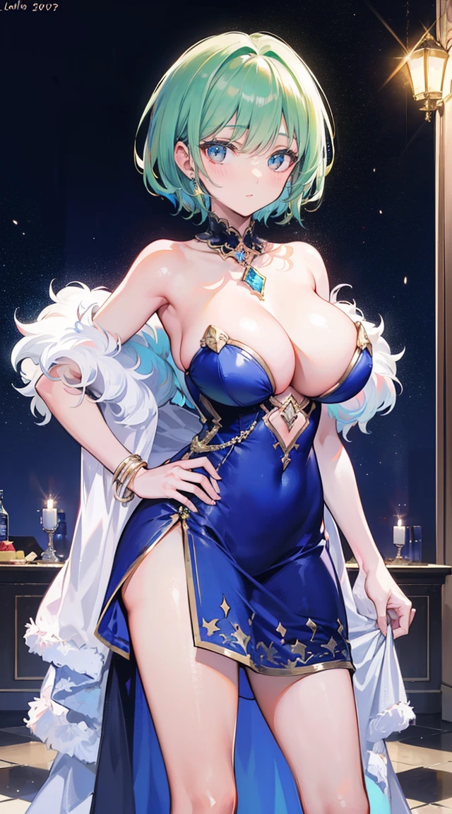 beautiful woman,smile,(light green short hair),nobility,(princess),blue student,Tall figure,((Strapless dress)),low skirt,(Star evening dress),ta skirt,Show your legs,Crystal heels,red carpet,prom website,(nobility),(titsใหญ่),((fluffy fur)),(2 young women ,beautiful woman),(20 year old girl),big breasts,Big tits,tits,rift, visible chest, Show your breasts, open chest,((bare breast:1.37)), ฉันเห็นtitsโป่งพ,(large areolae:1.4,pink,titsมองเห็นได้ชัดเจน..)