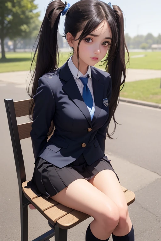 ((best quality), (hyper realistic), mh-yk, 1 girl, alone, black hair, brown eyes, long hair, wearing a private university uniform, blue blazer style with buttons, tie and tight skirt followed by socks up to knee,, big,, twintails, plein-air, hair rings, looking at the viewer, university anatomy club scene, sitting on a chair, sweet look