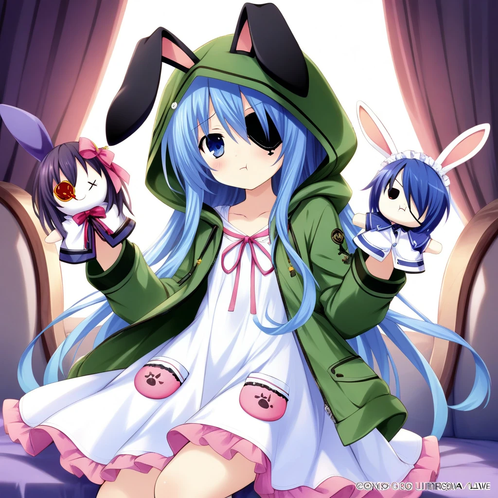1girl, rei \(rei's room\), absurdres, official art, absurdres, date a live, yoshino \(date a live\), yoshinon, :t, animal ears, blue eyes, blue hair, drawstring, dress, eyepatch, fake animal ears, frilled dress, frills, green jacket, hand puppet, hood, hooded jacket, jacket, looking at viewer, pink ribbon, pocket, pom pom \(clothes\), pout, puppet, rabbit ears, ribbon, sitting, solo, white dress, ((very aesthetic, best quality, ultra detailed))
