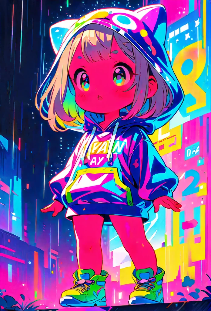 （Super cute Q version baby girl Rem standing in the rain in a clear plastic hoodie：1.4）, Rainbow color illustration, magically glowing, Shiny and colorful, hologram, By Yumi, anime art wallpaper 8k, Gurwitz-style artwork, Anime Art Wallpaper 4k, anime art wallpaper 4k, Beautiful anime artwork, digital animation art, Gurwitz，（Full body female love：1.5）