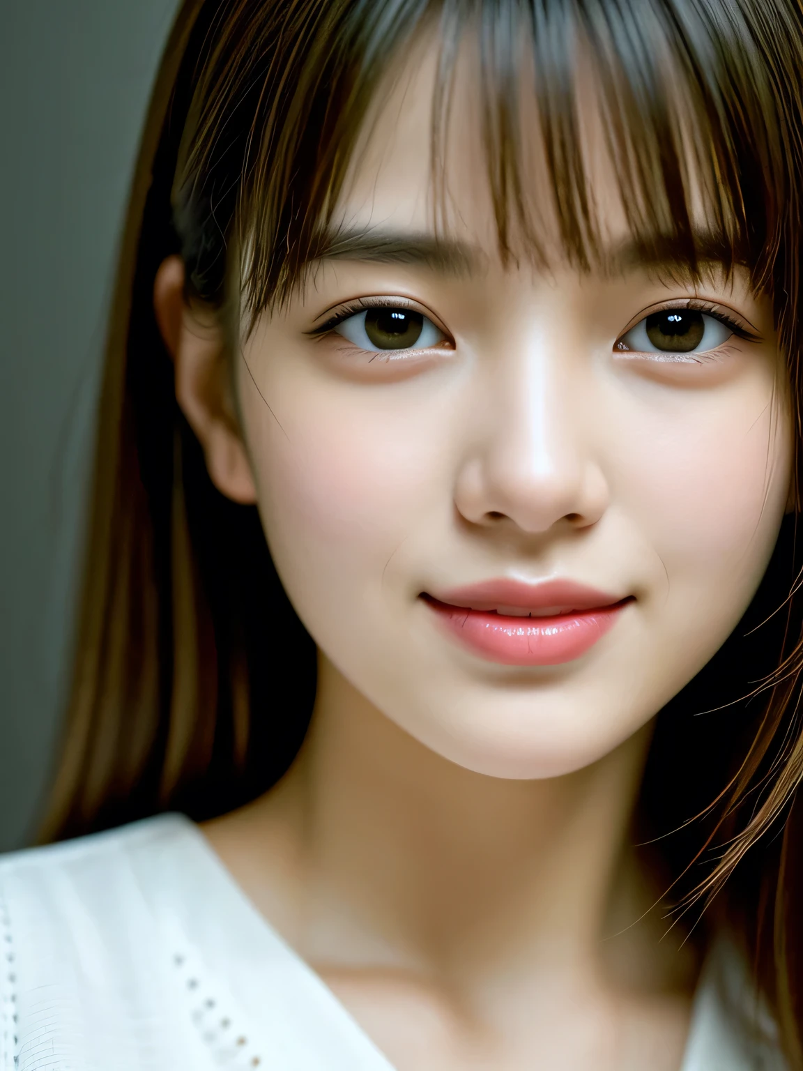 (Photo Real:1.4), (hyper realisitic:1.4), (Smooth lighting:1.05), 1 girl, blouse, (sad:1.4), Close-up of the face, Soft lighting, Back lighting, (cheerfulness:1.2), (Finest Real Textured Skins), Narrow-eyed, Super fine face, Gravure Idol Pose, glowy skin, retinas, Anatomically correct, acurate, Super Detail, Textured skin, High quality, high details, Best Quality, High resolution, bangs