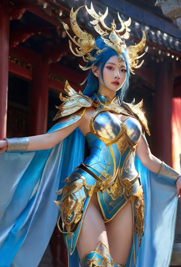 a celestial princess, red and gold mythical armor, iridescent, vibrant, octane render, icy blue eyes, cosmos hair, intricate mythical steel thigh armor, cape, intricate mythical pagoda headpiece, standing in front of ancient temple, sky full of stars, highly detailed, ultra-realistic, 8k, photorealistic, cinematic lighting, volumetric lighting, dramatic shadows, epic fantasy, digital painting, intricate details, award winning art, back pose