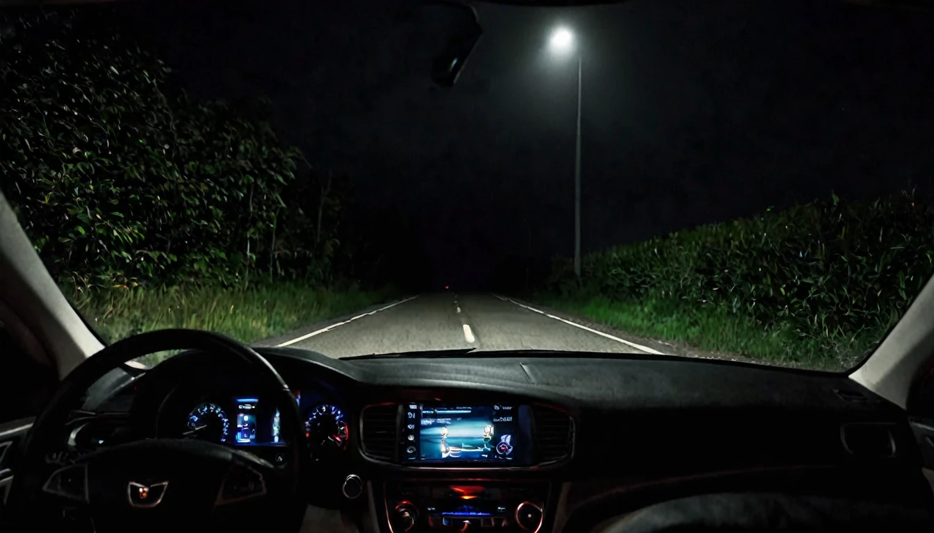 first person view, lonely car on the road, dark night, ominous