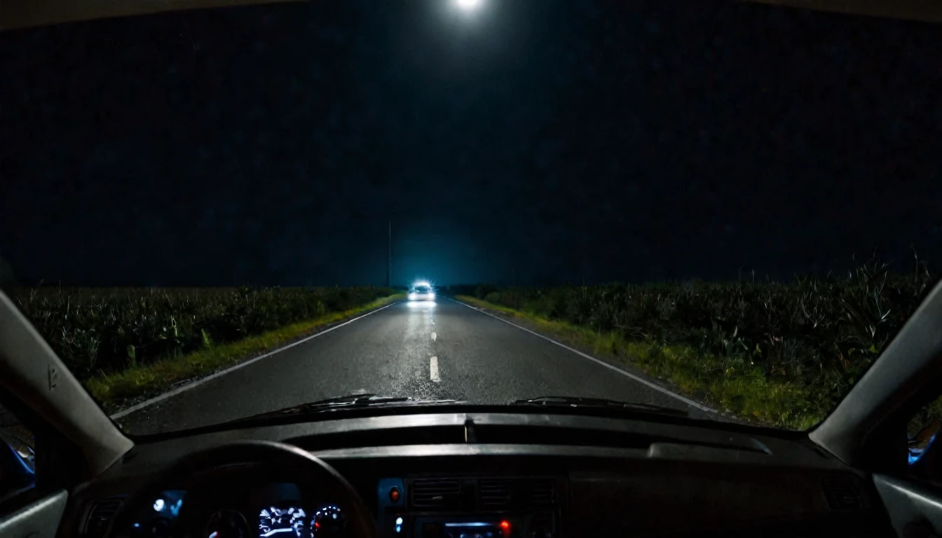 first person view, lonely car on the road, dark night, ominous