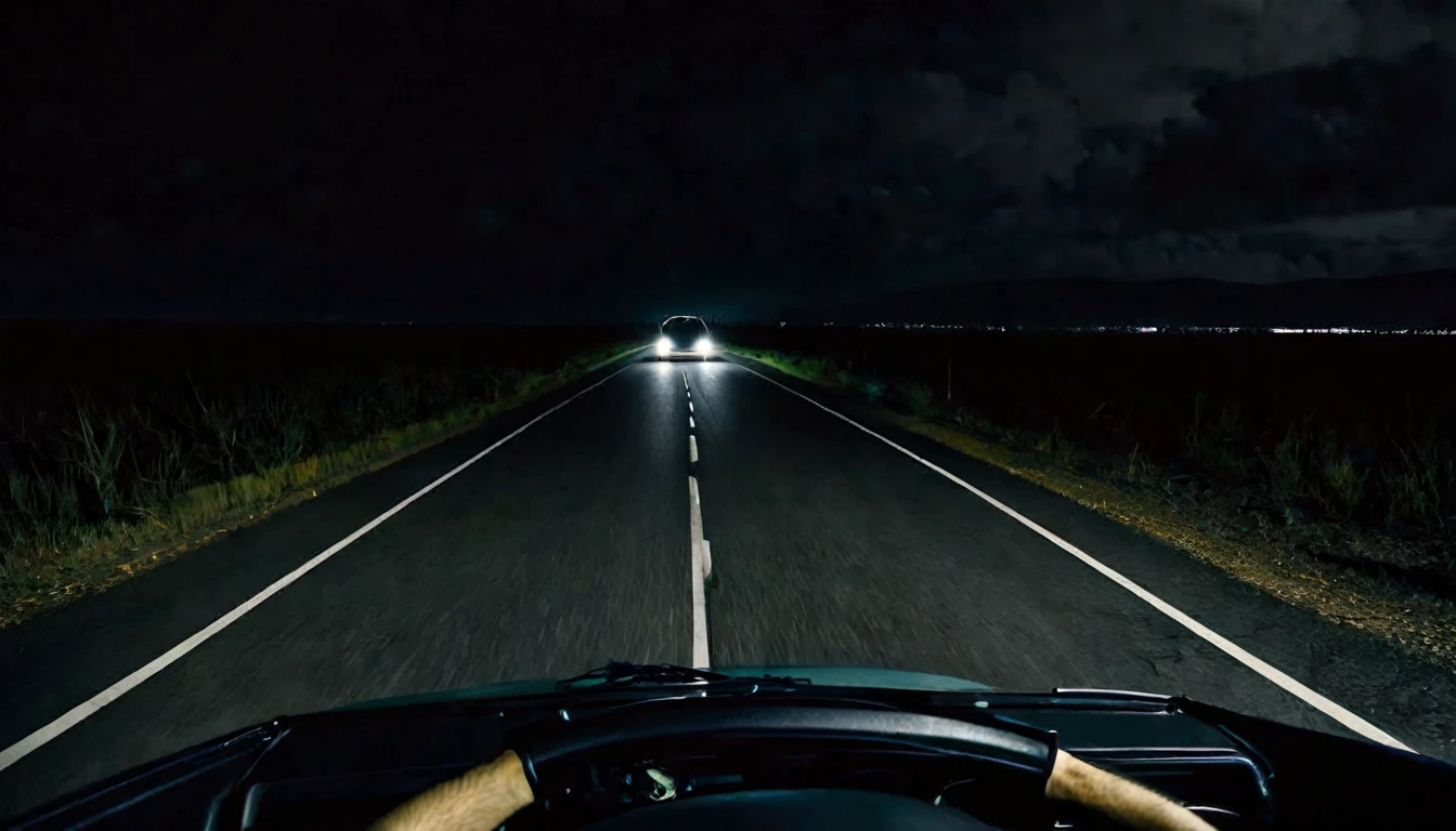 first person view, lonely car on the road, dark night, ominous
