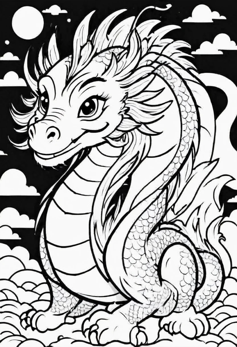 comic style, chinese dragon in the sky, coloring book page, chibi style, draco, cartoon, kids coloring book, dance positions, entyre body, chinese dragon, entyre body, dragon body drawing, standing, opens your arms