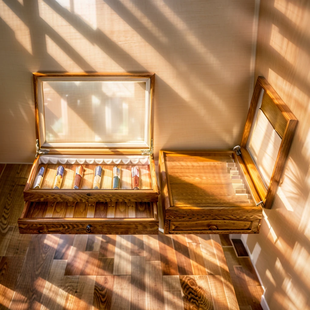 
In this cozy room，A ray of sunlight shone on the table through the half-drawn curtains，Let the wood grain on the watch storage case shine with a faint sheen。There is a calm and serene atmosphere in the surrounding air。Several still lifes hang on the walls of the room，It adds a touch of elegance to the space。And on the other side of the room，A half-open window lets the breeze blow in，The pages on the small desk by the window flipped in the wind，This quiet scene gives a sense of tranquility and comfort。