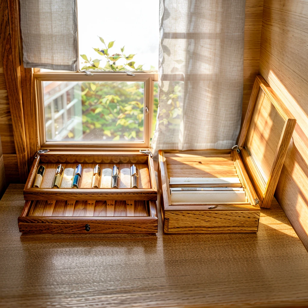 In this cozy room,A ray of sunlight shone on the table through the half-drawn curtains,Let the wood grain on the watch storage case shine with a faint sheen。There is a calm and serene atmosphere in the surrounding air。Several still lifes hang on the walls of the room,It adds a touch of elegance to the space。And on the other side of the room,A half-open window lets the breeze blow in,The pages on the small desk by the window flipped in the wind,This quiet scene gives a sense of tranquility and comfort。
