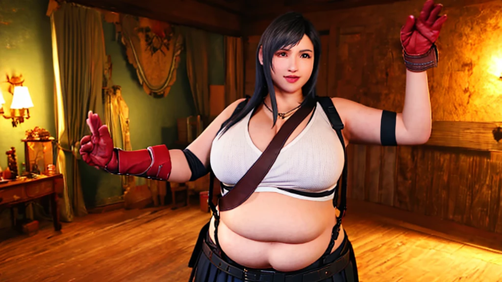 ff7r style, ssbbw, fat body, chubby, fat chin, obese
Tifa Lockhart, 1 girl, thick lips, arm up, Underarms, artist name, waist belt, Bblack hair, breastsout, Eyes red, neckleace, cloused mouth, clavicle, cowboy shot, top cut, aretes, elbow mitts, elbow pads, mitts, jewerly, large breastsout, lips, long hair, low-tied long hair, tummy, へそ, Inside the house, overskirt, ssmile, standing alone, stomach, suspenders, regatta, trunk, ((work of art))