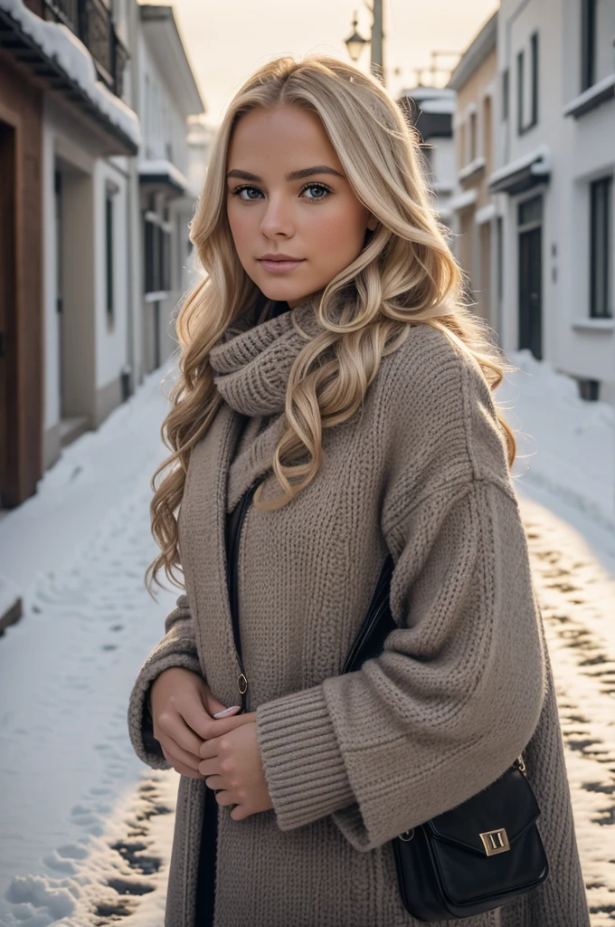 proFessional portrait photograph oF a gorgeous Norwegian girl in winter clothing with long wavy blonde hair, sultry Flirty look, gorgeous symmetrical Face, lindo maquillaje natural, wearing elegant warm winter Fashion clothing, ((parado afuera en una calle nevada de la ciudad)), impresionante entorno urbano moderno, ultra realista, arte conceptual, elegant, muy detallado, Intrincado, sharp Focus, depth oF Field, F/1. 8, 85mm, Tiro medio, plano medio, (((proFessionally color graded))), bright soFt diFFused light, (volumetric Fog), tendencia en instagram, hdr 4k, 8k