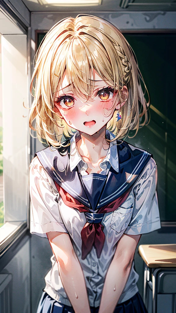 (Best quality, 8k, 32k, Masterpiece, UHD,:1.2),RAW, 1girl,ultra cute , natural lighting,transparent shining eyes, 20yo ,fair complexion, long hair, french braid, flushed face,femur,upper body show, blonde short hair, (ecstasy:0.8) ,(slut:0.8), (vulgarity:0.8), (fucked silly:0.8),(steam:0.8),(wet:0.8),(trembling:1.3)),(tears:0.7) ,(drooling:0.6),sweat, embarrassed, blush, ((school uniform))