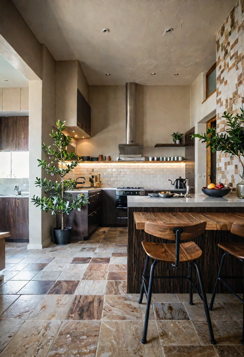 RAW photo, 8k uhd, dslr, soft lighting, high quality, film grain, Fujifilm XT3, interior of kitchen, modern style, wood, tile, sofa, table, chair, stair, tree, daylight,