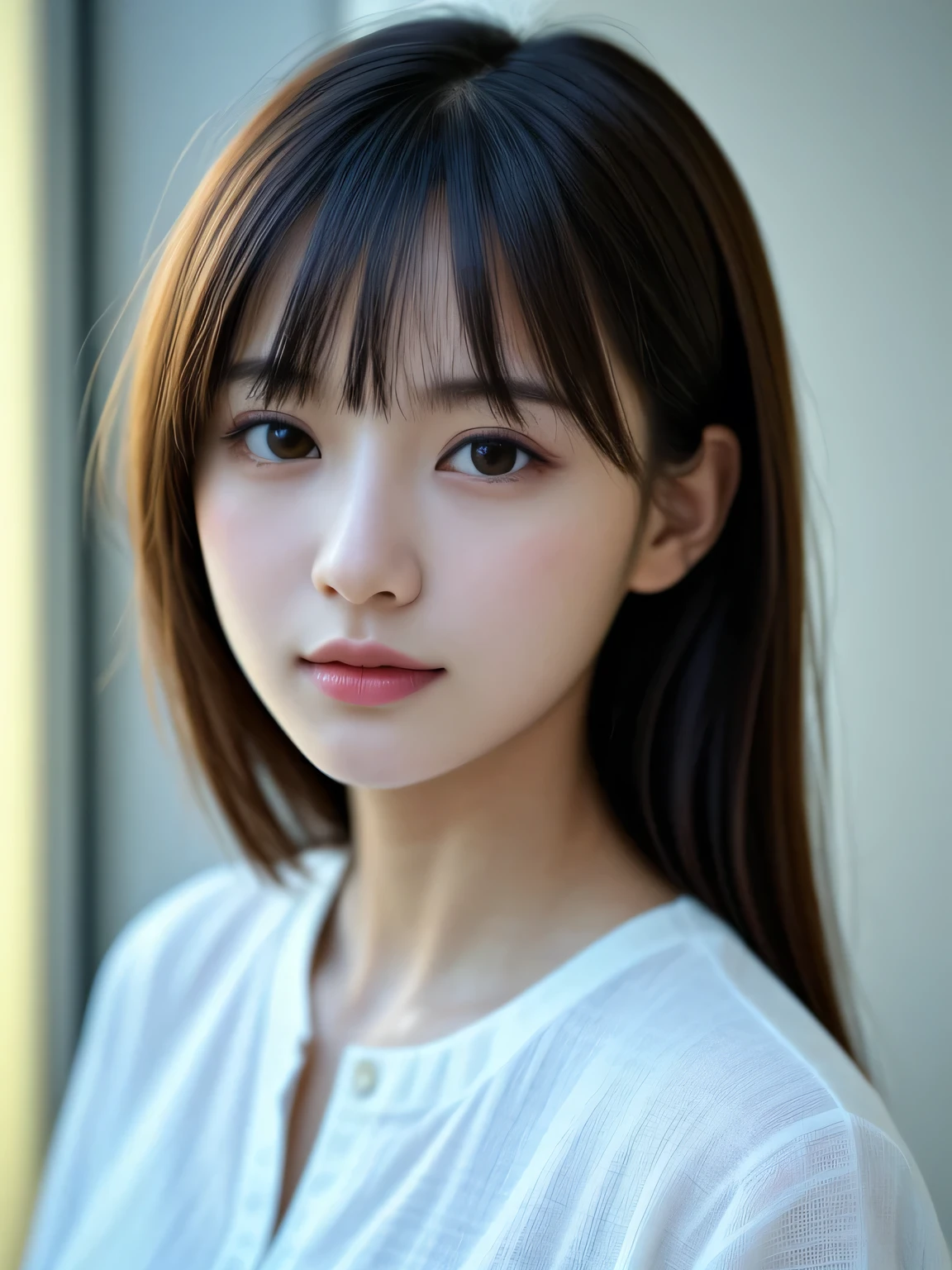 (Photo Real:1.4), (hyper realisitic:1.4), (Smooth lighting:1.05), 1 girl, blouse, (sad:1.4), Close-up of the face, Soft lighting, Back lighting, (cheerfulness:1.2), (Finest Real Textured Skins), Narrow-eyed, Super fine face, Gravure Idol Pose, glowy skin, retinas, Anatomically correct, acurate, Super Detail, Textured skin, High quality, high details, Best Quality, High resolution, bangs