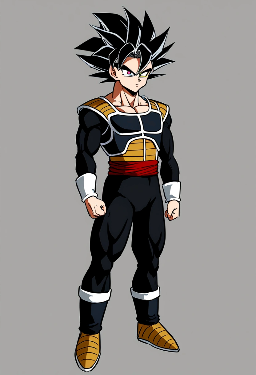 Saiyan, Male, Black hair, heterochromatic eyes, Red and Black, saiyan armor, full body image