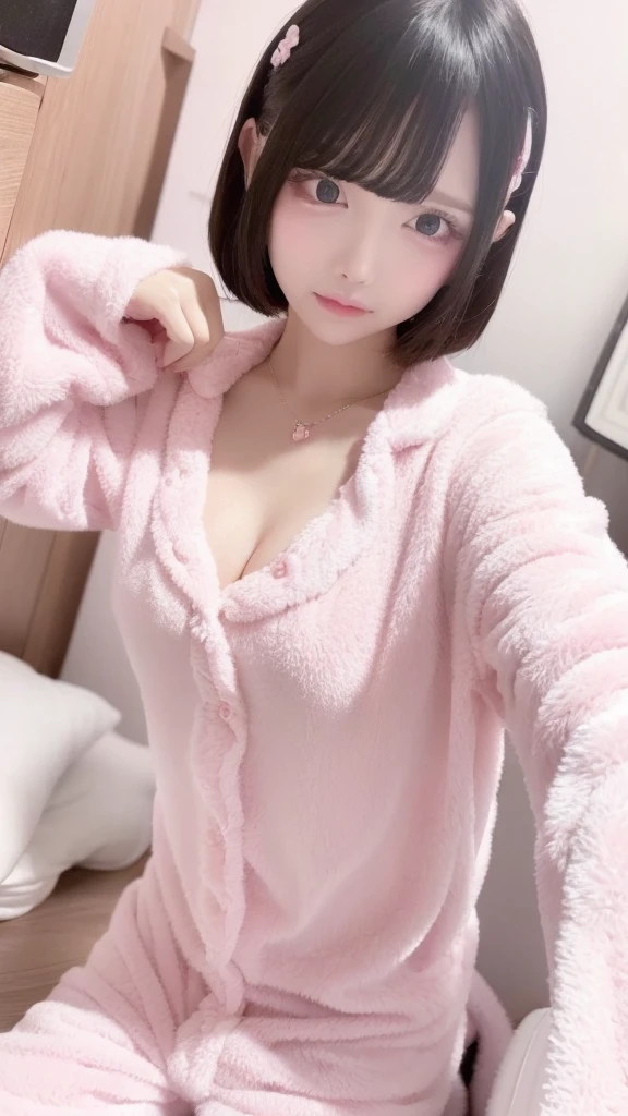 masterpiece、high quality、ピンクのWearing pajamasソファでポーズをとるかわいい女の子, Nightwear, Wearing pajamas, 白いWearing pajamas, Pink clothes, ゆったりしたWearing pajamasいる, (night:1.5, Dark Room:1.5, Dim lighting), Smooth, white, fluffy clothing、Cute face with arms and legochako, Brush Sticker, Big cleavage、
