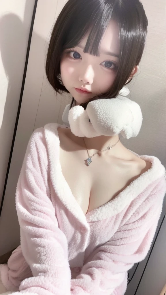 masterpiece、high quality、ピンクのWearing pajamasソファでポーズをとるかわいい女の子, Nightwear, Wearing pajamas, 白いWearing pajamas, Pink clothes, ゆったりしたWearing pajamasいる, (night:1.5, Dark Room:1.5, Dim lighting), Smooth, white, fluffy clothing、Cute face with arms and legochako, Brush Sticker, Big cleavage、