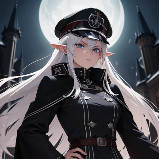 A woman, with silver hair with a reddish tone, light blue eyes, wearing a long black gothic coat with a slightly reddish tone, with iron cross symbols on the silver coat, black officer's hat with dress detail, with a iron cross, in a nordic castle at night, serious face. Elf, elf officer