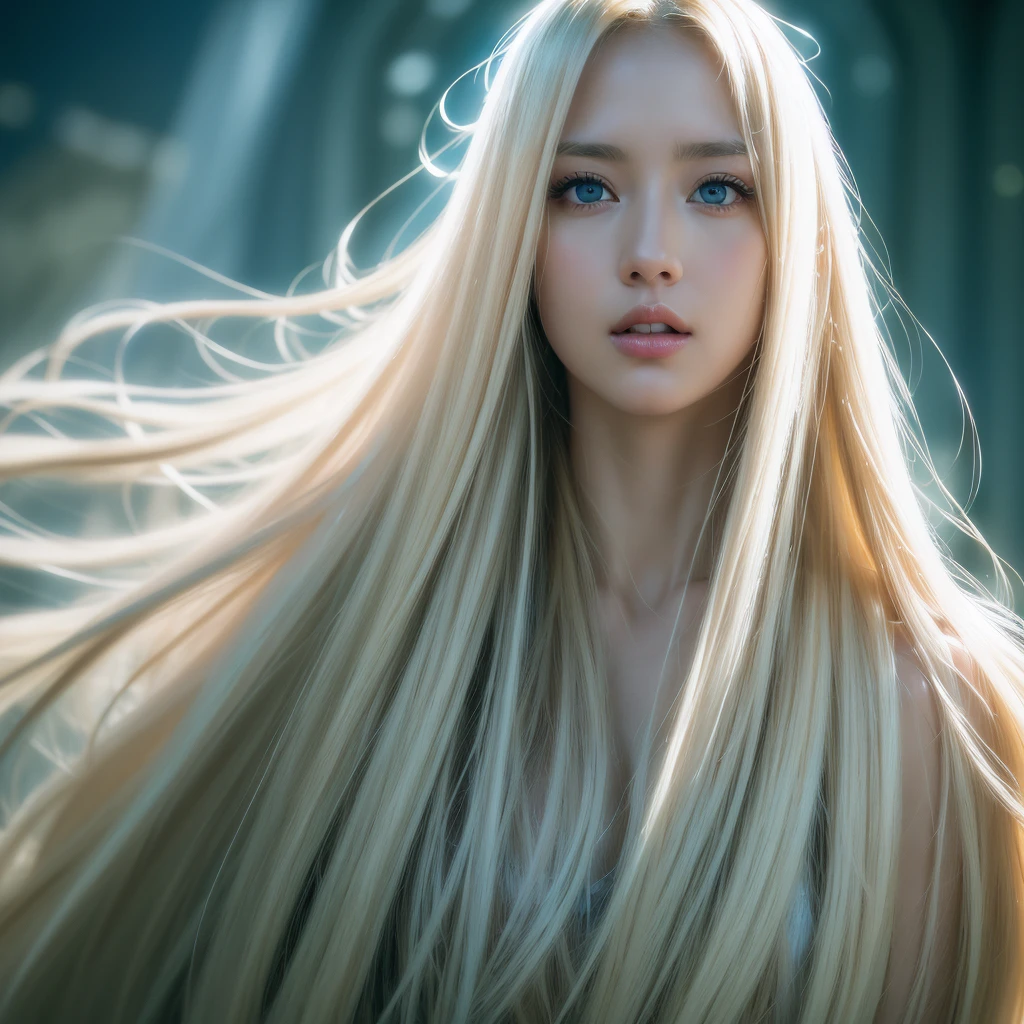 Dressed, (photo Realistic:1.4), (hyper Realistic:1.4), (Realistic:1.3), (Smoother lighting:1.05), (Improving the lighting quality of movies:0.9), 32k, Age 24, alone, Super Long Straight Blonde Hair, Super long blonde hair that reaches down to the feet、huge , View your viewers, ((Super long shiny and bright blonde hair))、whole bodyに絡みつく超ロングヘアー、Super long hair that clings to the body、Very beautiful blue eyes and messy bangs between the eyes、White skin、Shining Young々Beautiful skin、Glowing Skin、Gloss Face、Cheek gloss、Cheek highlight、Bare shoulders, gem, whole body, (Highly detailed 8K wallpapers), Soft lighting, high quality, Film Grain, Fujifilm XT3 Sharp Focus, 5 ....6, Attention to detail, Sharp focus,(Natural light), (Big Plans:1.2), (Fascinating), Off-the-shoulder T-shirt, Realistic, Sexy、beautiful big white and pale blue eyes、Very big eyes、eyeliner、 (Enhance the mood of your body line:1.1), (Enhances the beauty of skin texture:1.1)、smile