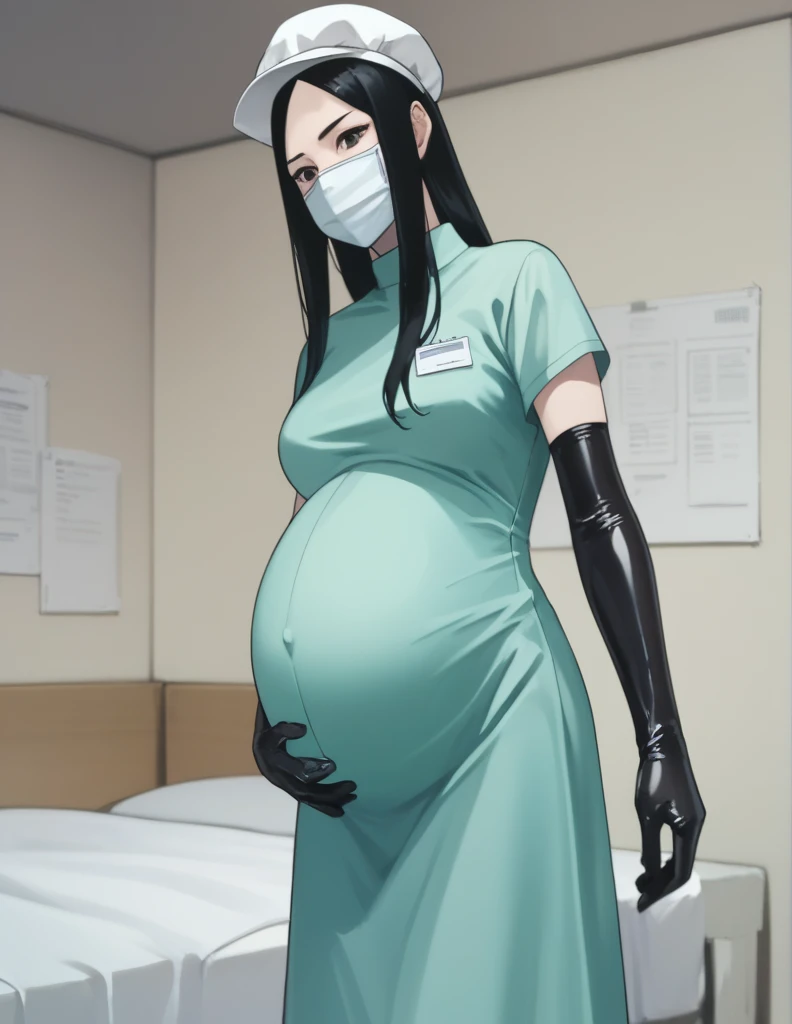 Score_9, Score_8_up, Score_7_up, source_anime, Kasuganoray, pale skin, long hair, scrubs, surgical mask, surgical cap, long maternity dress,
1 girl, pregnant, solo, rubber gloves, looking down, frowning, operating bed, in the operating room, standing,