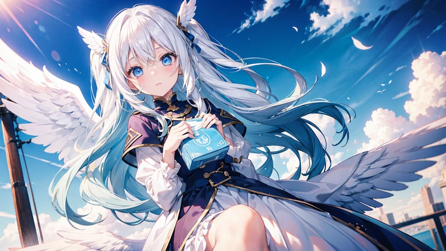 A pretty and cute girl with long white hair and blue eyes、15 years old、Angel wings on the back、That surprised face, something&#39;s not right？I was confused.、bright、comical、A soft white dress
