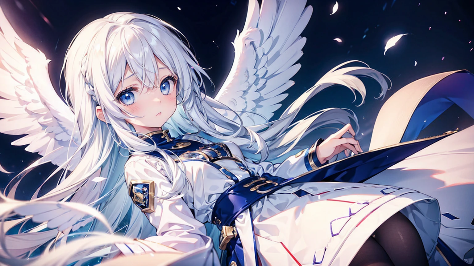 A pretty and cute girl with long white hair and blue eyes、15 years old、Angel wings on the back、That surprised face, something&#39;s not right？I was confused.、bright、comical、A soft white dress