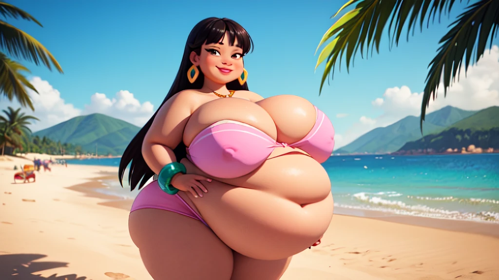 (work of art:1.2, best qualityer:1.2), SSBBW, Giant breasts, thunder thighs, soft ambient lighting, perfect lighting, 1 girl, standing alone, Chel, Bblack hair, long hair, rhombus stripe, eyes browns, darkskin, lipstick, breasts big, Broad Hips, top of the tube, neckleace, bared shoulders, emerald earrings, emerald bracelets, looking at the camera with a smug expression on his face, beach background, very large body, fat belly rolls, big breasts, sexy smile, fat arms, thunder thighs, super fat, looking at viewer, wet clothes, sweating very hard, sexy looking, blob
