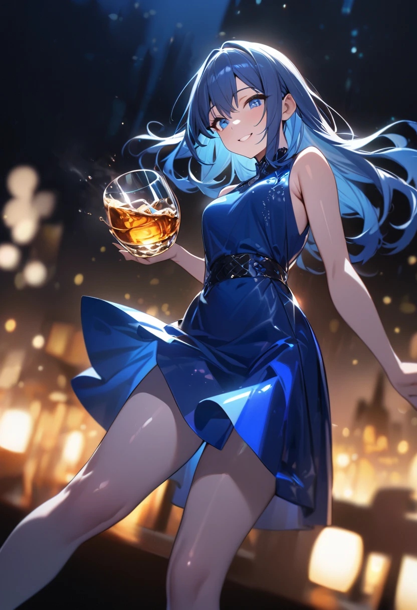 (masterpiece), (best quality), (sharp focus), (depth of field), (female): solo, (perfect face), (detailed outfit), (),(smile), beautiful female,blue eyes, whole body,blue hair, long hair,(((((background of night view))))),  wine, whisky, highball, (((((blue sleeveless dress))))),(shiny luminous, effects:1.2)